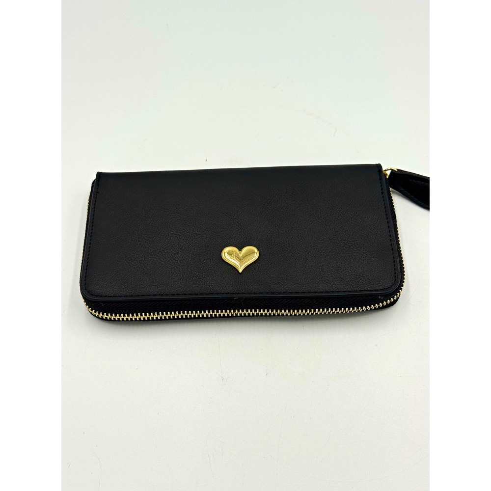 Black Zip-Around Women's Wallet Wristlet Gold Heart Accent Credit Card Slots